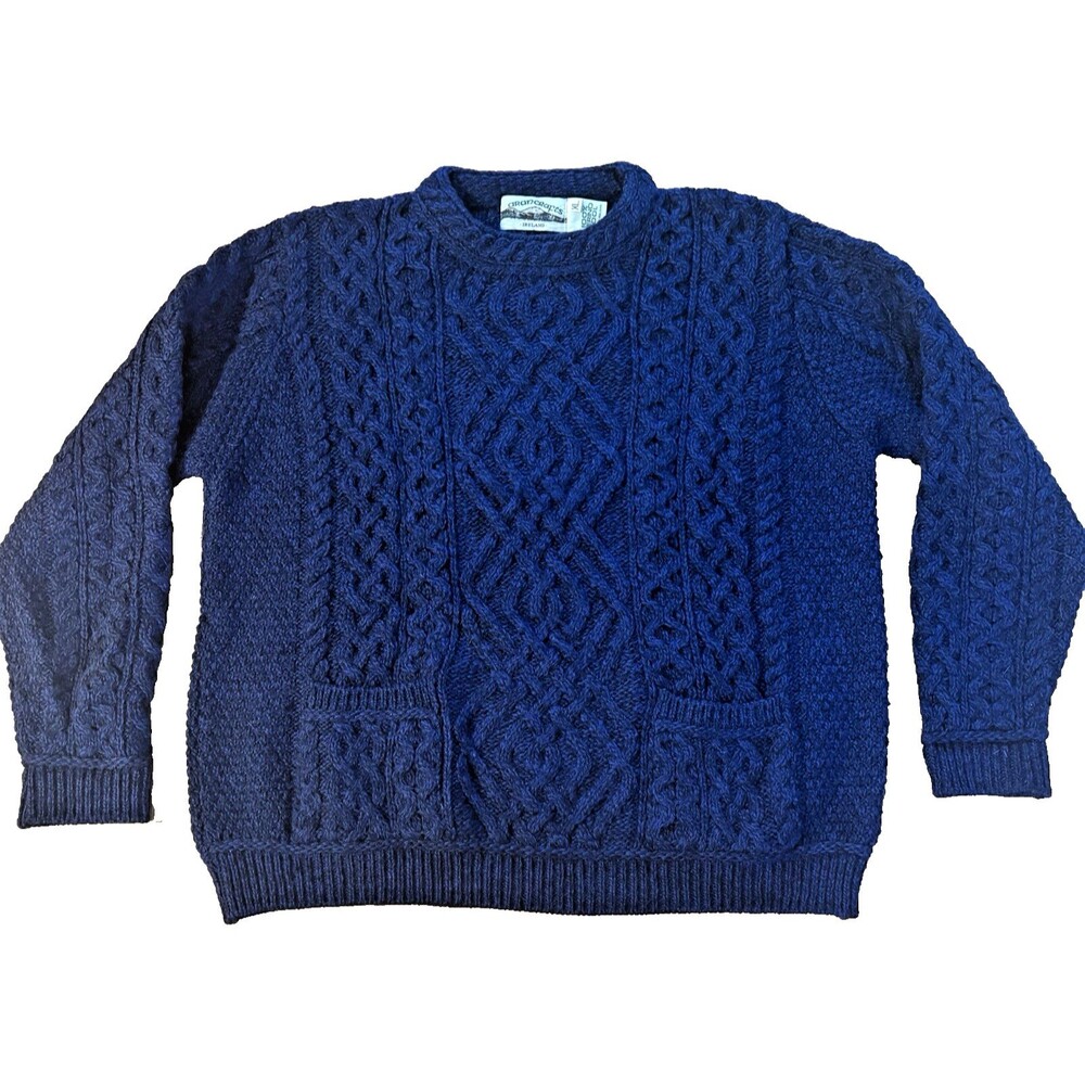 Aran Crafts Irish Sweater Womens XL Pullover Crew Neck Pockets Blue Merino Wool